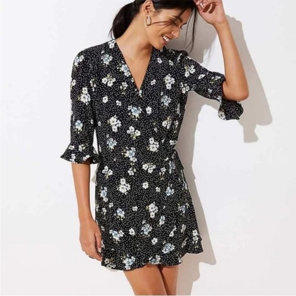 Loft Women’s Floral Polka Dot Wrap Romper Dress Size 4 Flutter Ruffle Boho - Picture 1 of 11